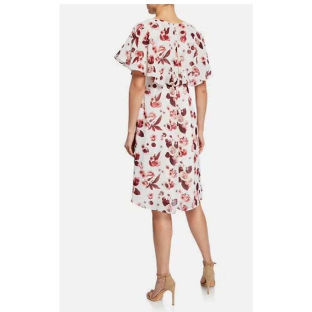 Max Studio London Floral-Print Ivory Burgundy Flounce Chiffon Dress Women Sz 0 - Picture 3 of 8